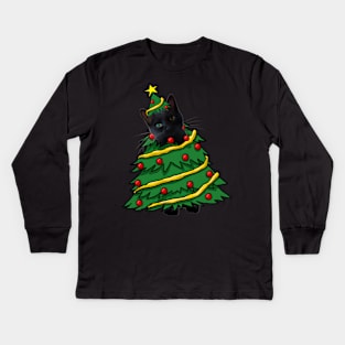 Black Cat Christmas Tree Funny Xmas Cat Lover Kids Long Sleeve T-Shirt